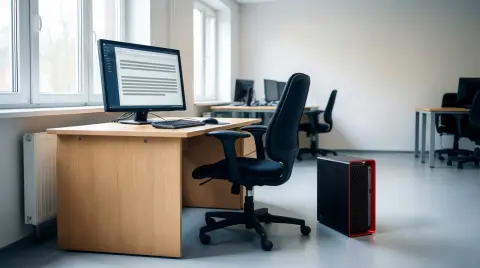 Schwarze Workstation mit rotem Frontrahmen steht kniehoch auf dem Boden neben einem leeren Bürostuhl und einem Schreibtisch in einem hellen Großraumbüro