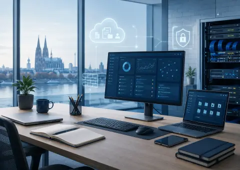 Moderner IT-Arbeitsplatz in Köln mit Cloud-, Netzwerk- und Sicherheitsstruktur