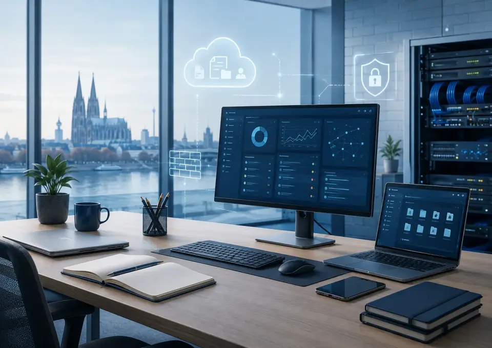 Moderner IT-Arbeitsplatz in Köln mit Cloud-, Netzwerk- und Sicherheitsstruktur