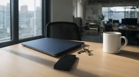 Zugeklapptes Notebook, Smartphone mit dem Display nach unten, Schlüsselbund und Tasse auf einem Schreibtisch am Fenster eines leeren Großraumbüros