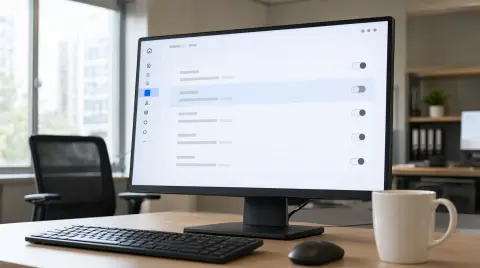 Monitor mit der Benutzerliste einer Verwaltungskonsole, eine Zeile hervorgehoben, davor Tastatur, Maus und Tasse auf einem Schreibtisch im Büro