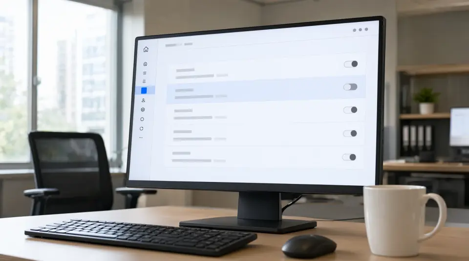 Monitor mit der Benutzerliste einer Verwaltungskonsole, eine Zeile hervorgehoben, davor Tastatur, Maus und Tasse auf einem Schreibtisch im Büro