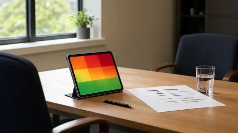 Tablet auf einem Besprechungstisch zeigt eine Risikomatrix aus grünen, gelben und roten Feldern, daneben ein Ausdruck, ein Stift und ein Glas Wasser