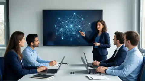 Interne KI-Schulung: Ein Mitarbeiter erklaert dem Team an einem Bildschirm den Umgang mit Kuenstlicher Intelligenz