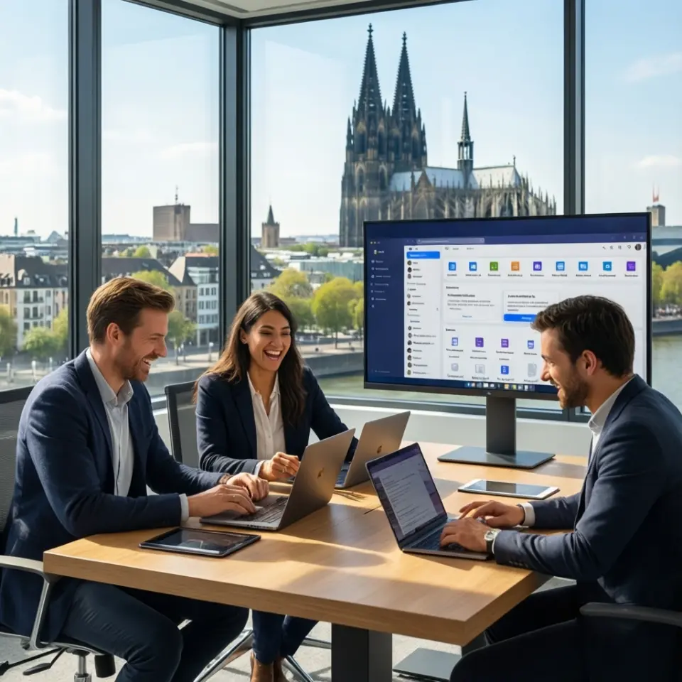 Ein kleines Team in einem modernen Kölner Büro nutzt Microsoft 365 für kleine und mittlere Unternehmen zur Zusammenarbeit, mit Blick auf den Kölner Dom im Hintergrund.
