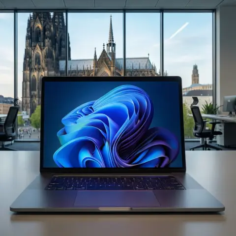 Modernes Notebook in einem Kölner Büro mit Blick auf den Kölner Dom – Symbolbild für professionelles Microsoft 365 Backup und IT-Sicherheit für KMU in Köln.