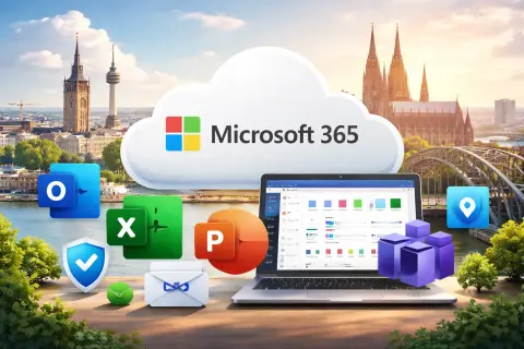 Microsoft 365 Illustration mit Kölner Skyline, Dom und Business-Apps für kleine und mittelständische Unternehmen
