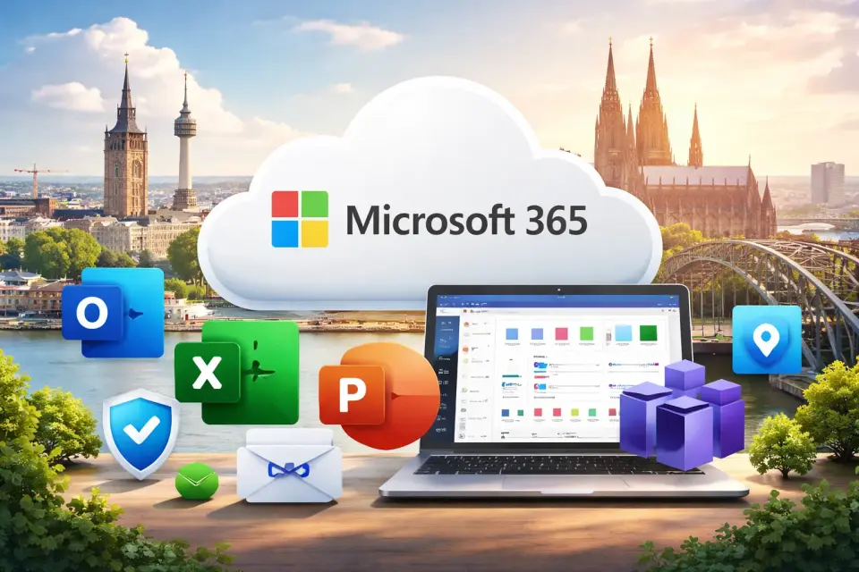 Microsoft 365 Illustration mit Kölner Skyline, Dom und Business-Apps für kleine und mittelständische Unternehmen