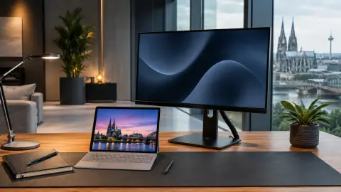 Moderner IT-Arbeitsplatz für Unternehmen in Köln mit Microsoft Surface, Monitor, Tastatur, Maus und sauberem Kabelmanagement