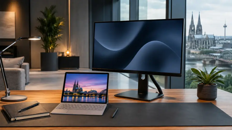 Moderner IT-Arbeitsplatz für Unternehmen in Köln mit Microsoft Surface, Monitor, Tastatur, Maus und sauberem Kabelmanagement