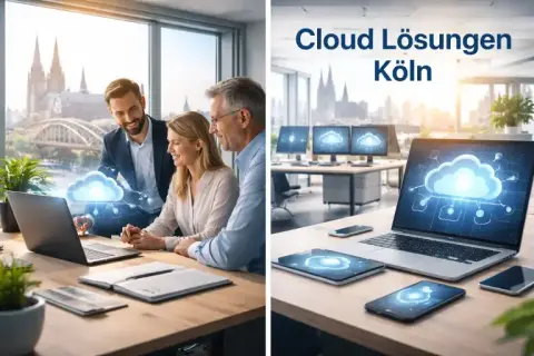 Beratungsgespräch zu Cloud-Lösungen in Köln mit visualisierter Cloud-Infrastruktur auf Laptop