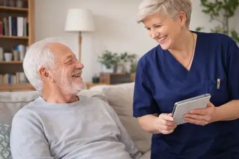 Pflegekraft nutzt Tablet zur digitalen Dokumentation bei einem Senioren im Wohnzimmer