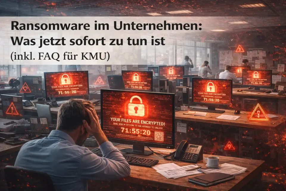 Ransomware-Angriff im Unternehmen: Mehrere Bildschirme zeigen Verschlüsselungswarnungen, während Mitarbeitende unter Stress reagieren.