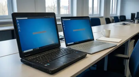 Älterer schwarzer Windows-10-Laptop neben einem neuen schlanken Notebook auf einem Schreibtisch in einem leeren Büro, beide mit blauem Desktop