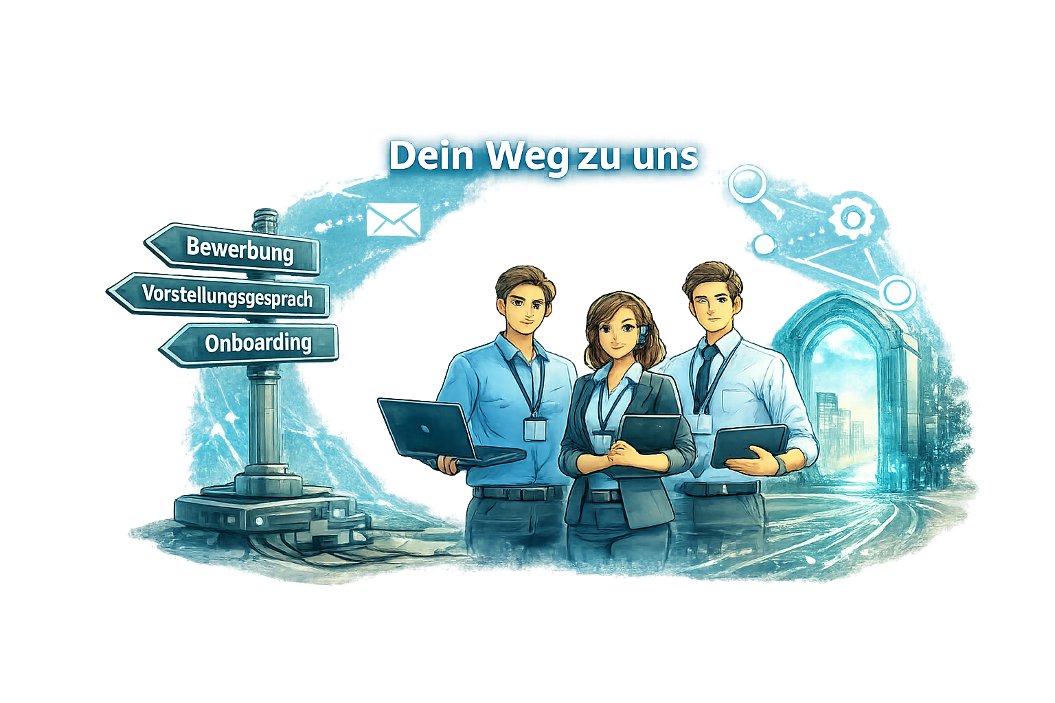 Illustration mit IT-Team, Wegweiser und digitalen Symbolen zum Bewerbungsweg in ein modernes IT-Unternehmen