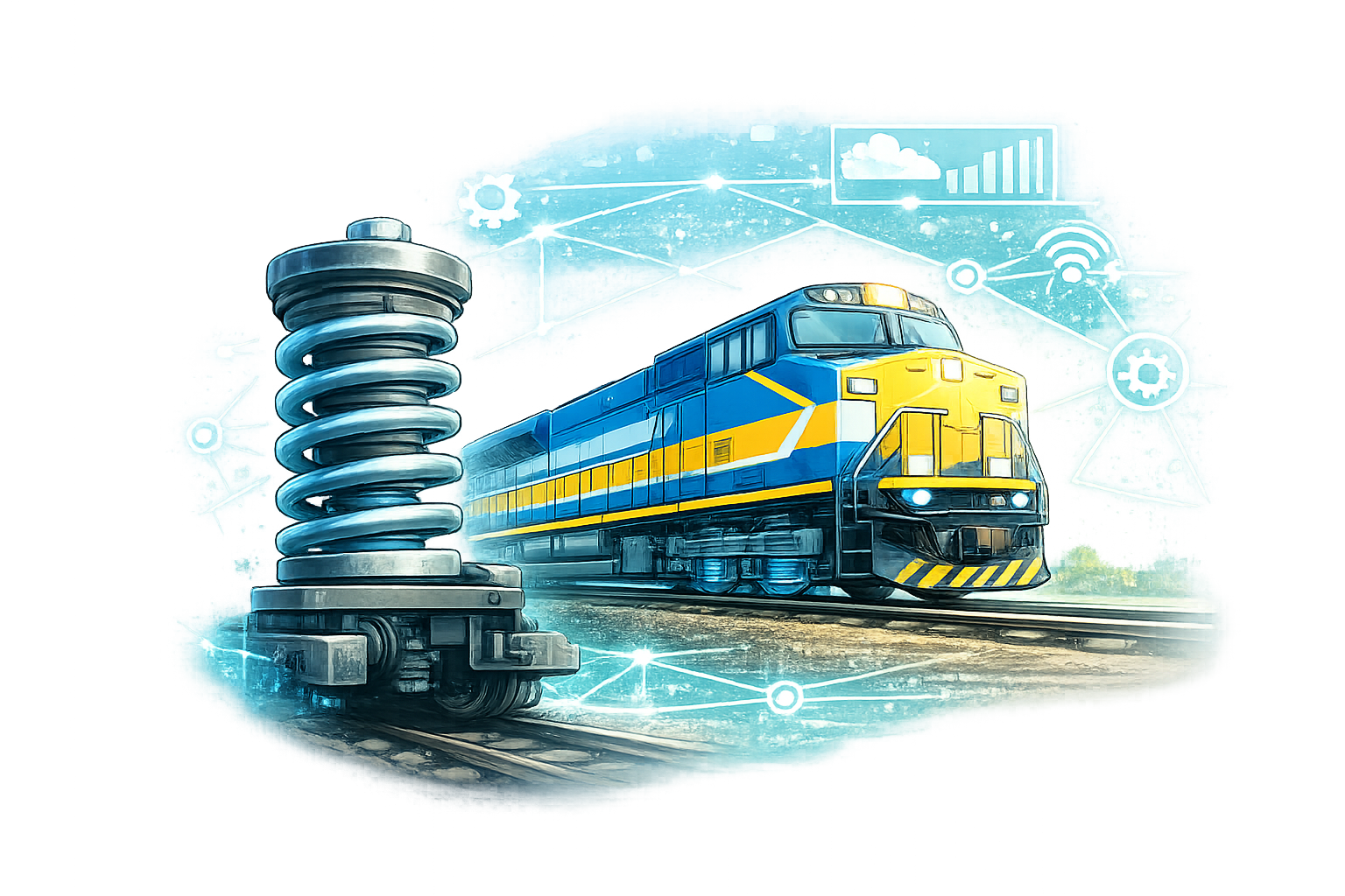 Große Spiralfeder am Fahrwerk eines Eisenbahnwagens in moderner technischer Illustration