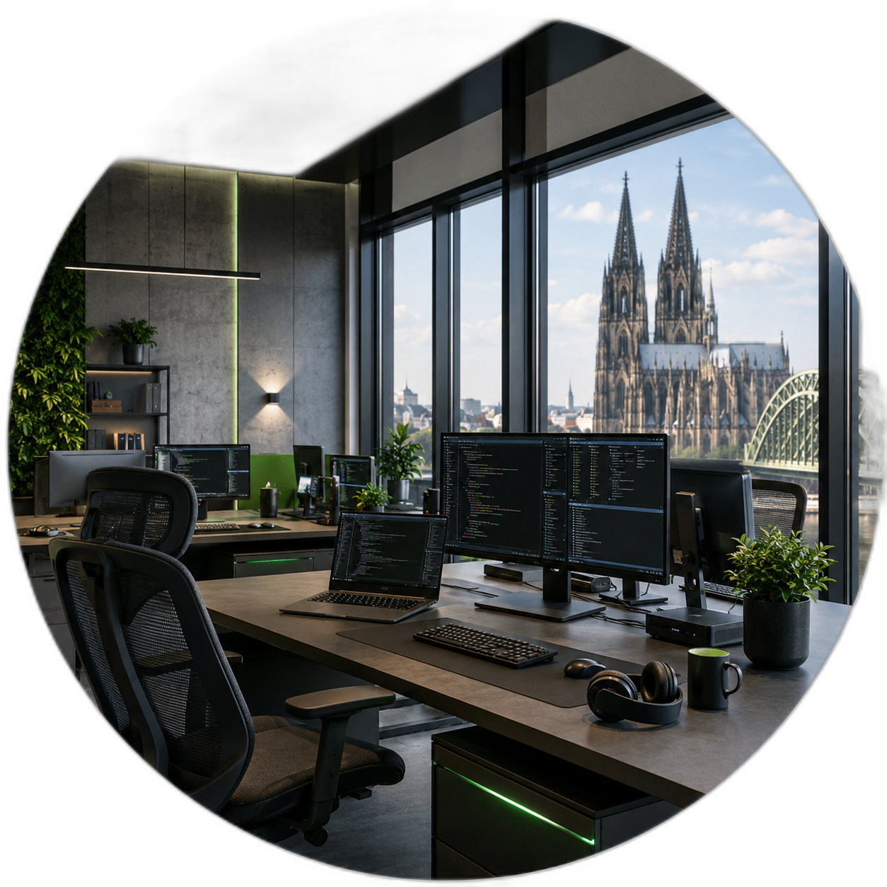 Moderner IT-Arbeitsplatz in Köln mit Cloud-, Netzwerk- und Sicherheitsstruktur