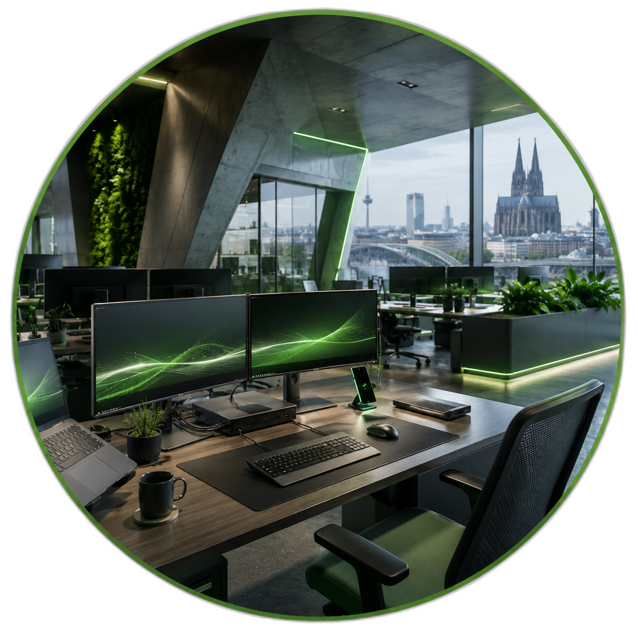 Moderner IT-Arbeitsplatz in Köln mit grüner Lichtstimmung und Blick auf den Kölner Dom