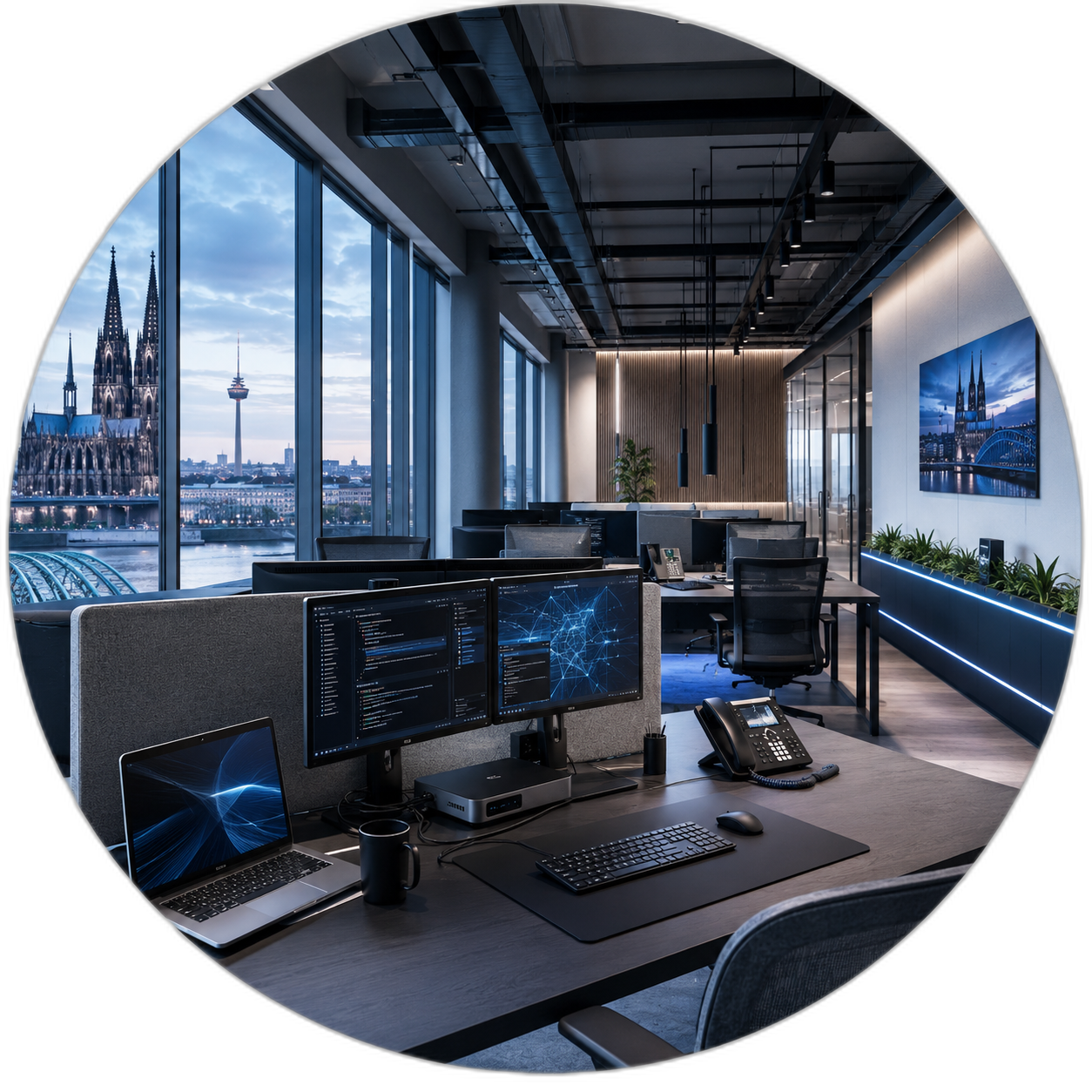 Moderner IT-Arbeitsplatz in Köln mit mehreren Monitoren und Blick auf den Kölner Dom