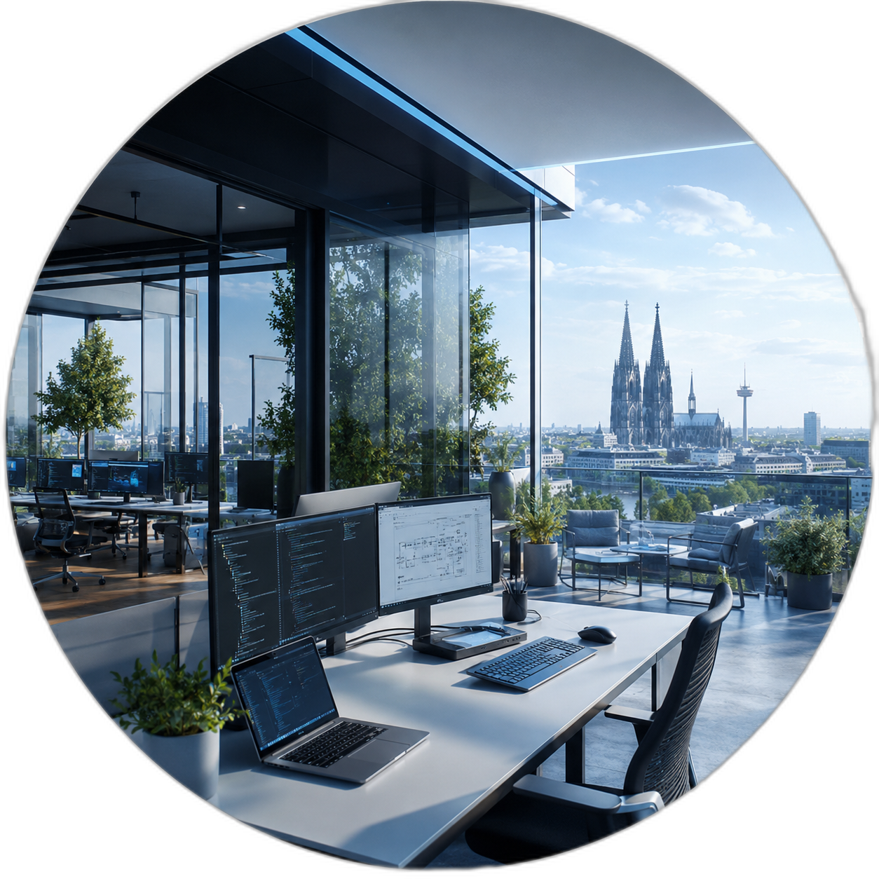 Moderner IT-Arbeitsplatz in Köln mit hellem Büro und Blick auf den Kölner Dom