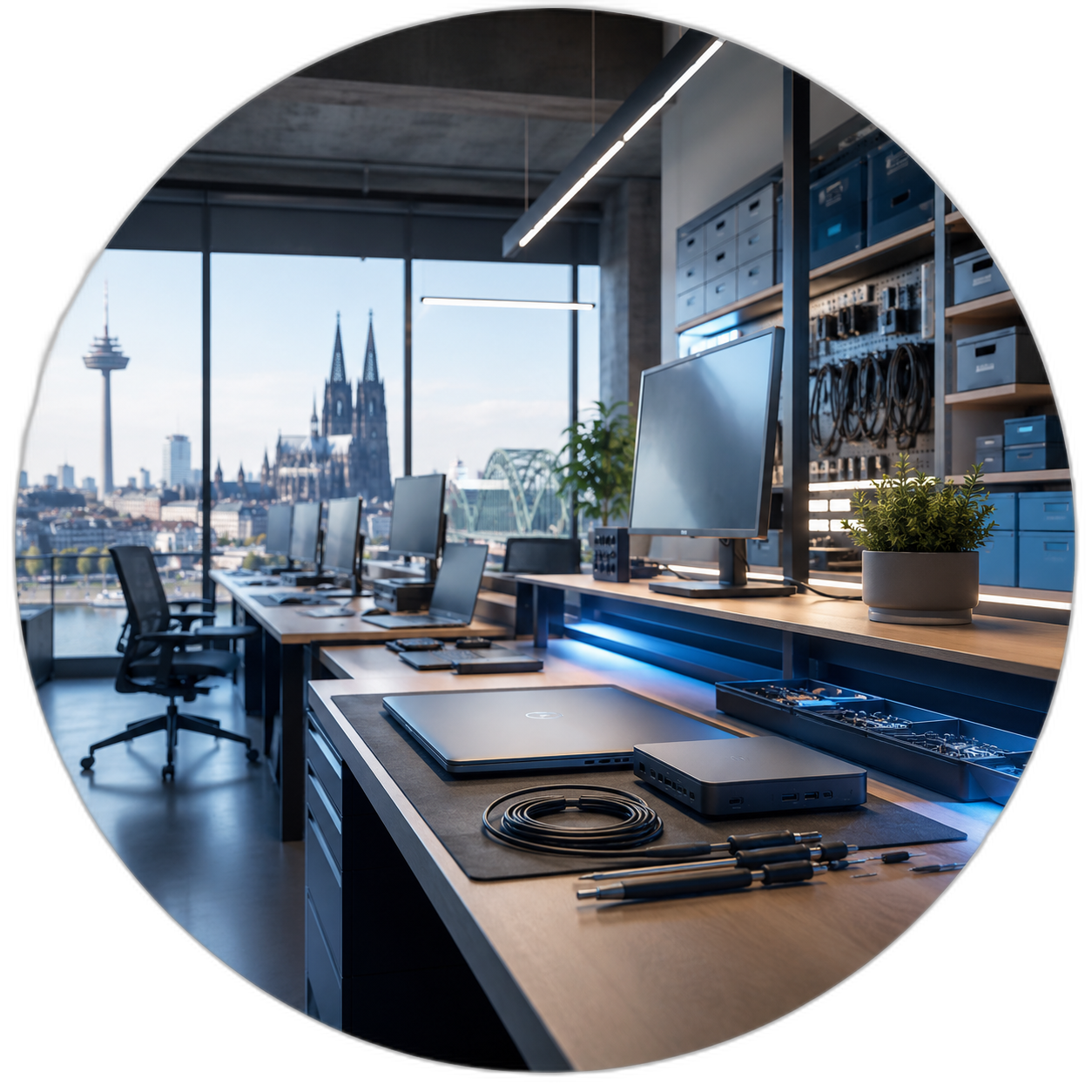Moderner IT-Arbeitsplatz in Köln mit aufgeräumtem Schreibtisch und Blick auf den Kölner Dom