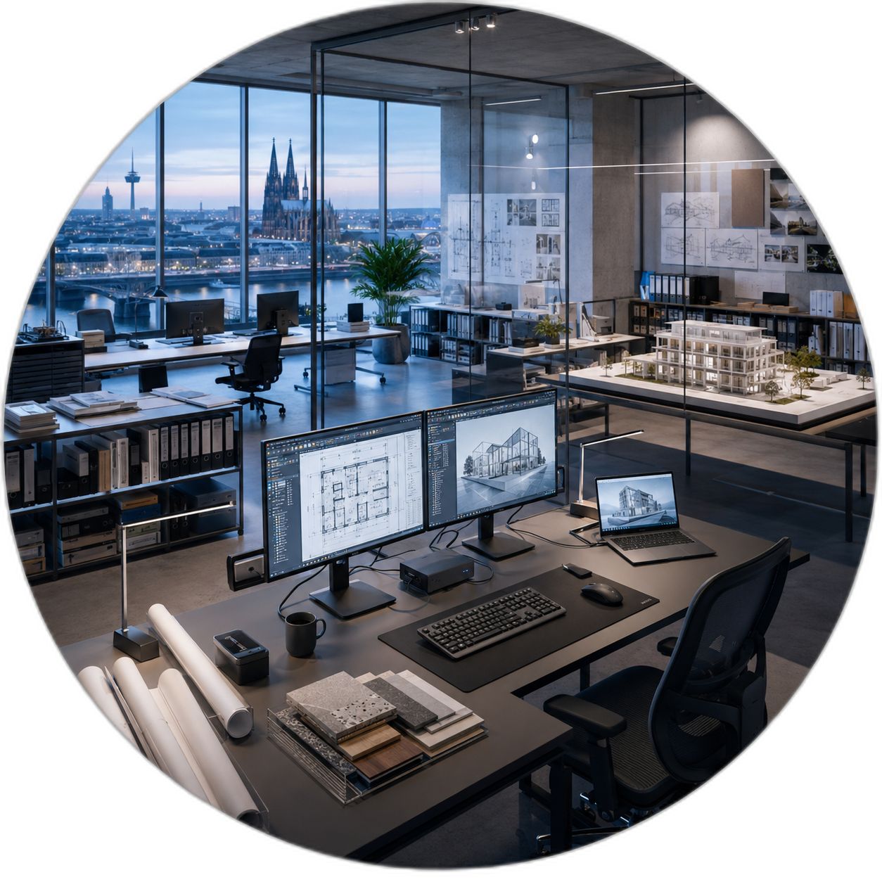 Moderner IT-Arbeitsplatz in Köln mit mehreren Monitoren und Blick auf den Kölner Dom