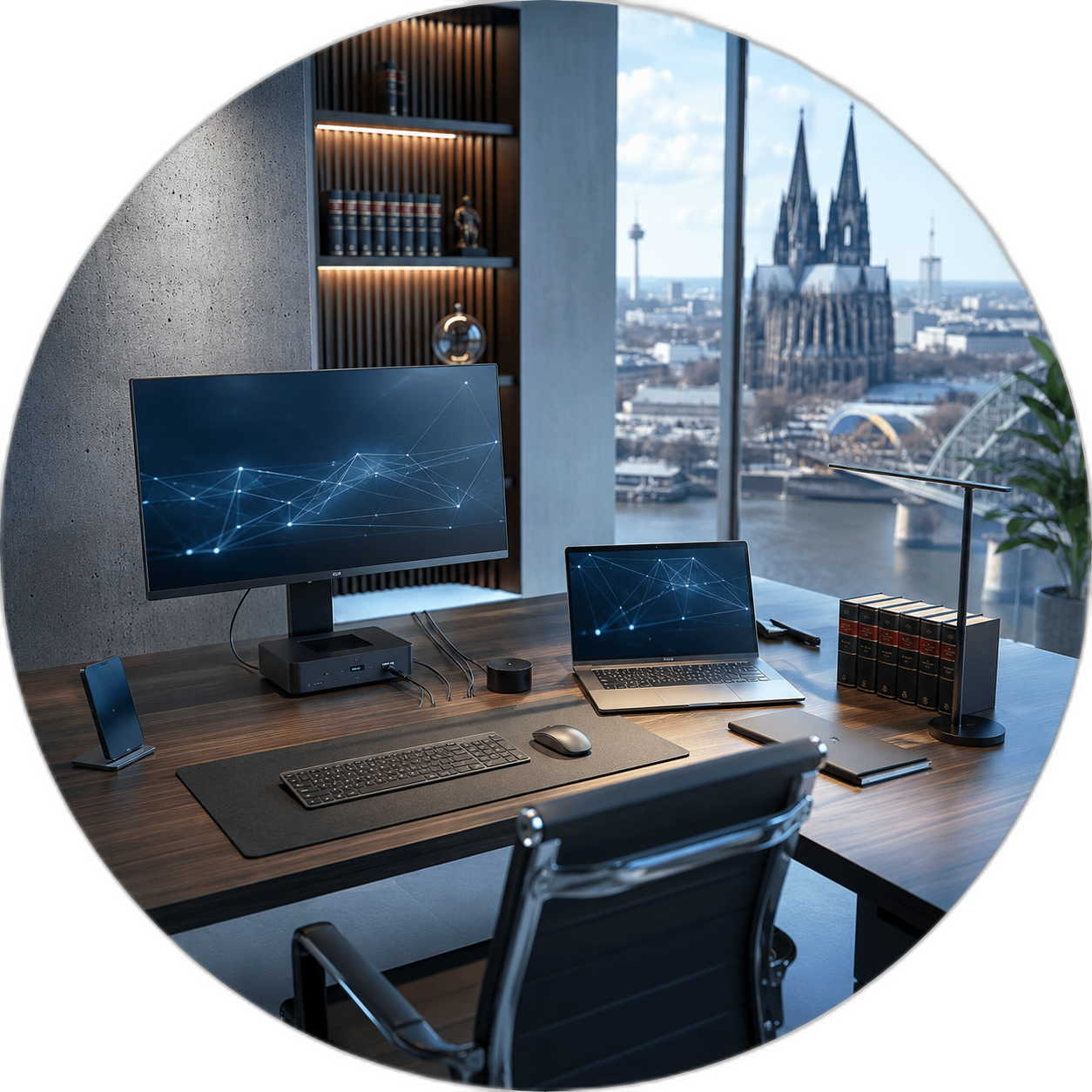 Moderner IT-Arbeitsplatz in Köln mit Monitoren und direktem Blick auf den Kölner Dom