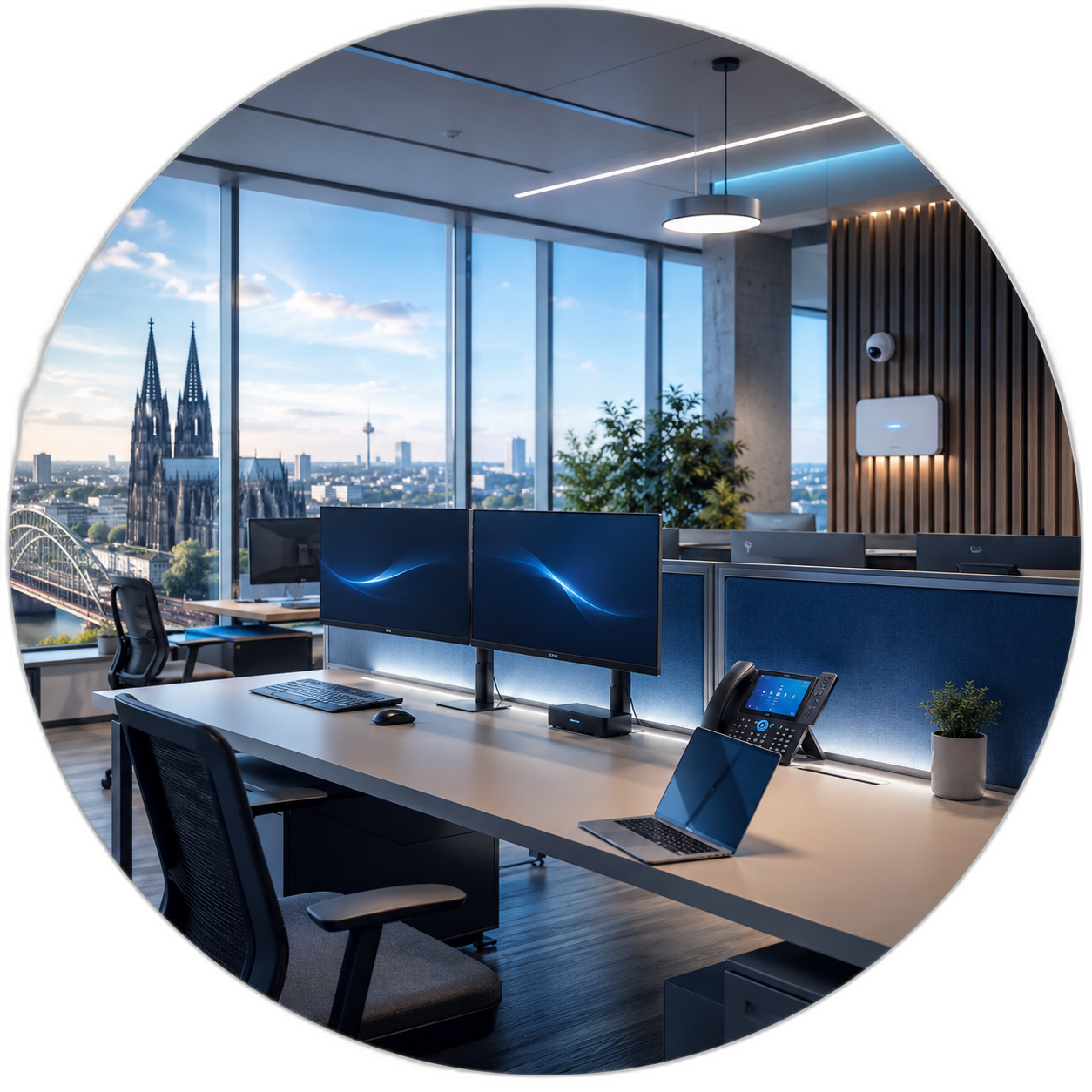 Moderner IT-Arbeitsplatz in Köln mit großem Monitor und Blick auf den Kölner Dom