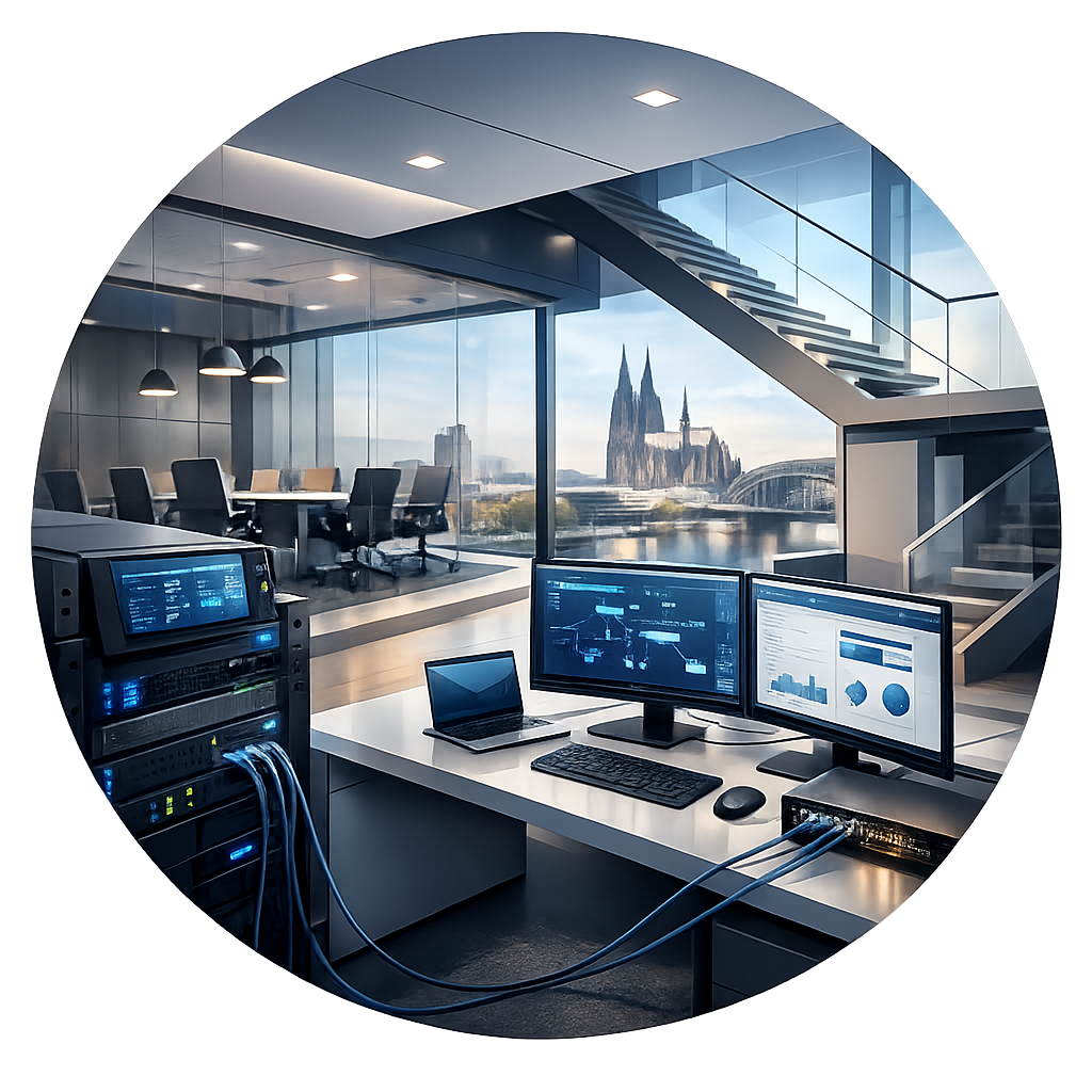 Moderne IT-Arbeitsumgebung mit Monitoren und Netzwerktechnik für professionelle IT-Beratung in Köln