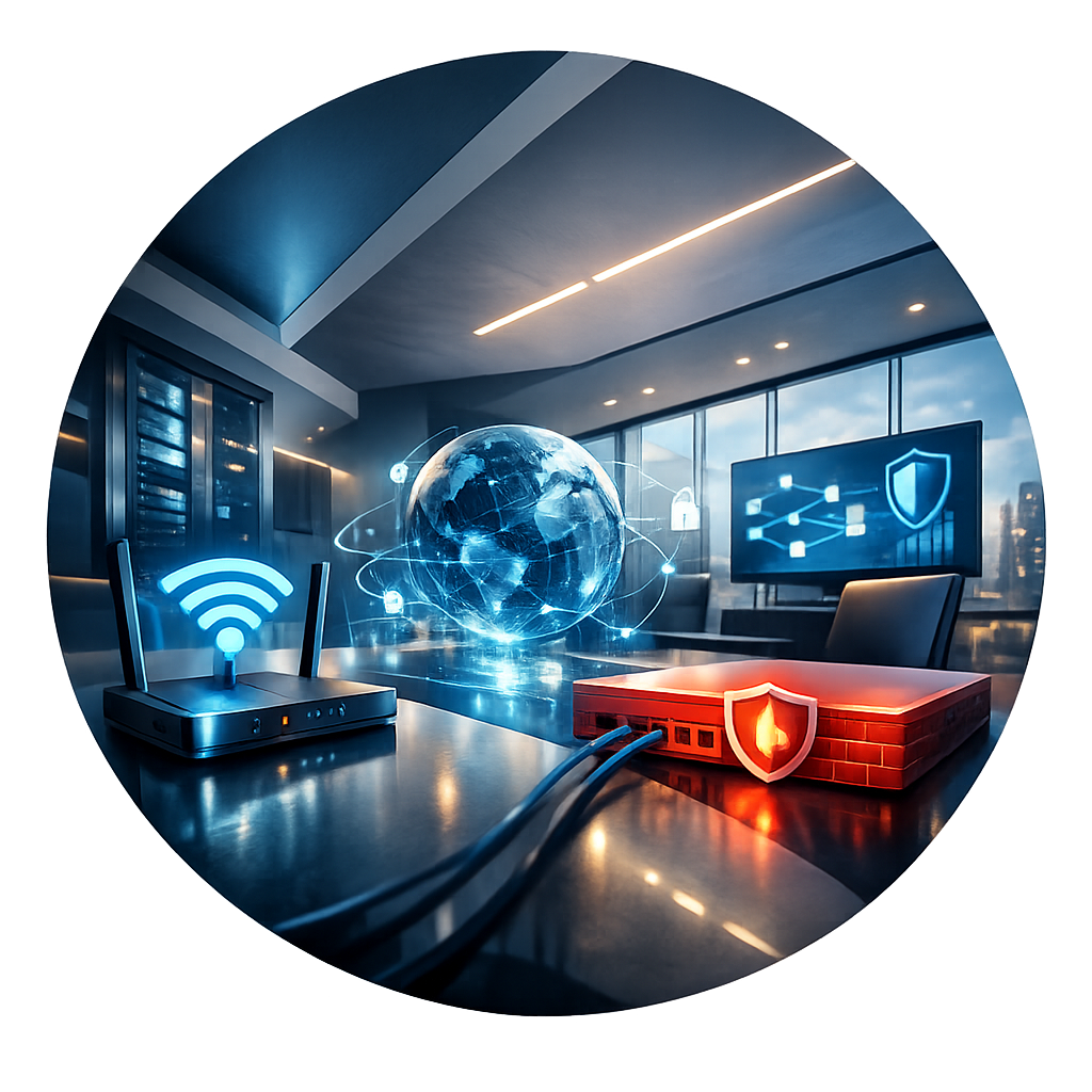 Moderne IT-Arbeitsumgebung mit LAN, WLAN und Firewall für sichere IT-Beratung in Köln
