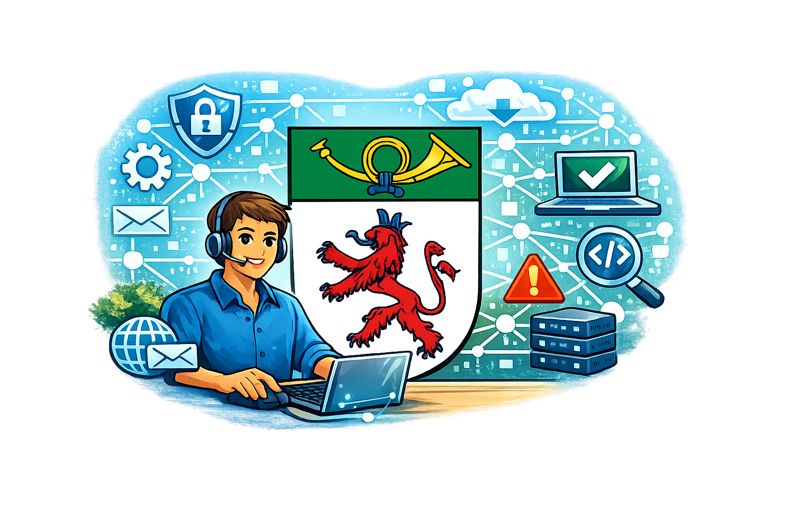 IT-Support in Langenfeld mit Wappen, IT-Sicherheit und Netzwerksymbolen