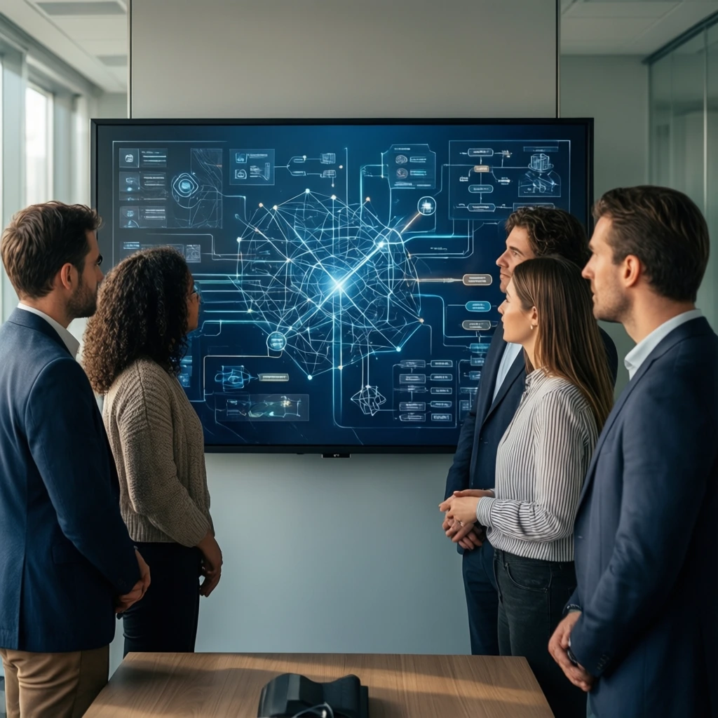 Team von IT-Spezialisten analysiert KI-Daten und Netzwerkstrukturen auf einem großen digitalen Display in einem modernen Büro.