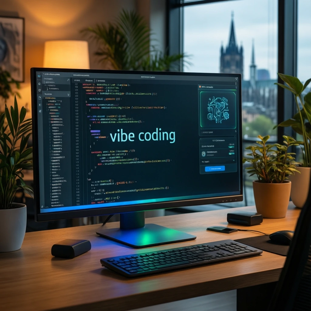 Ein Entwickler interagiert mit einer übersichtlichen KI-Coding-Oberfläche, um Codeabschnitte generisch zu erstellen oder bestehende Programme intuitiv zu optimieren