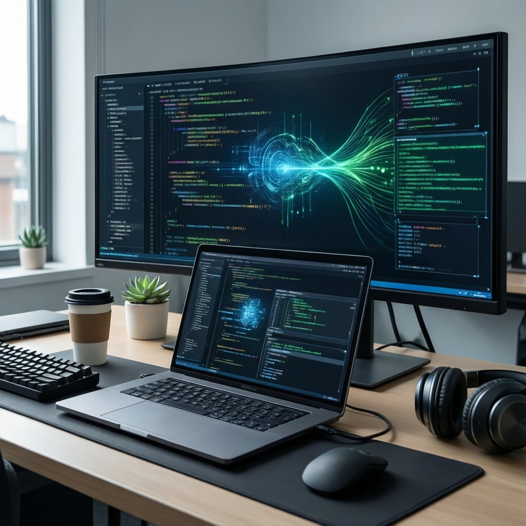 Ein Software-Entwickler prüft auf einem Monitor eine Codezeile, flankiert von Symbolen für Sicherheitsskan und Qualitätssicherung, um Fehler in generiertem KI-Code zu identifizieren