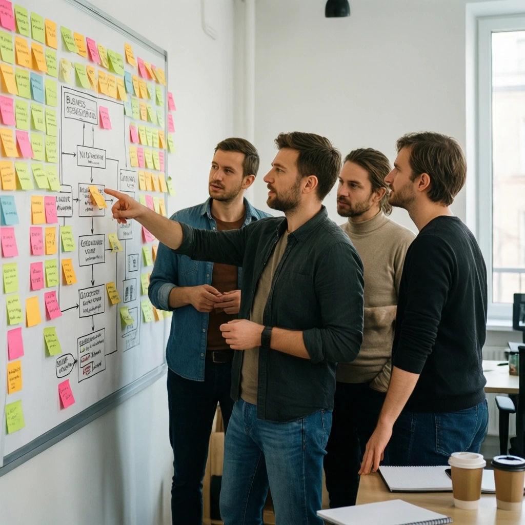 Visualisierung einer strategischen KI-Roadmap: Ein Experte plant die strukturierte Einführung von Künstlicher Intelligenz an einem digitalen Whiteboard
