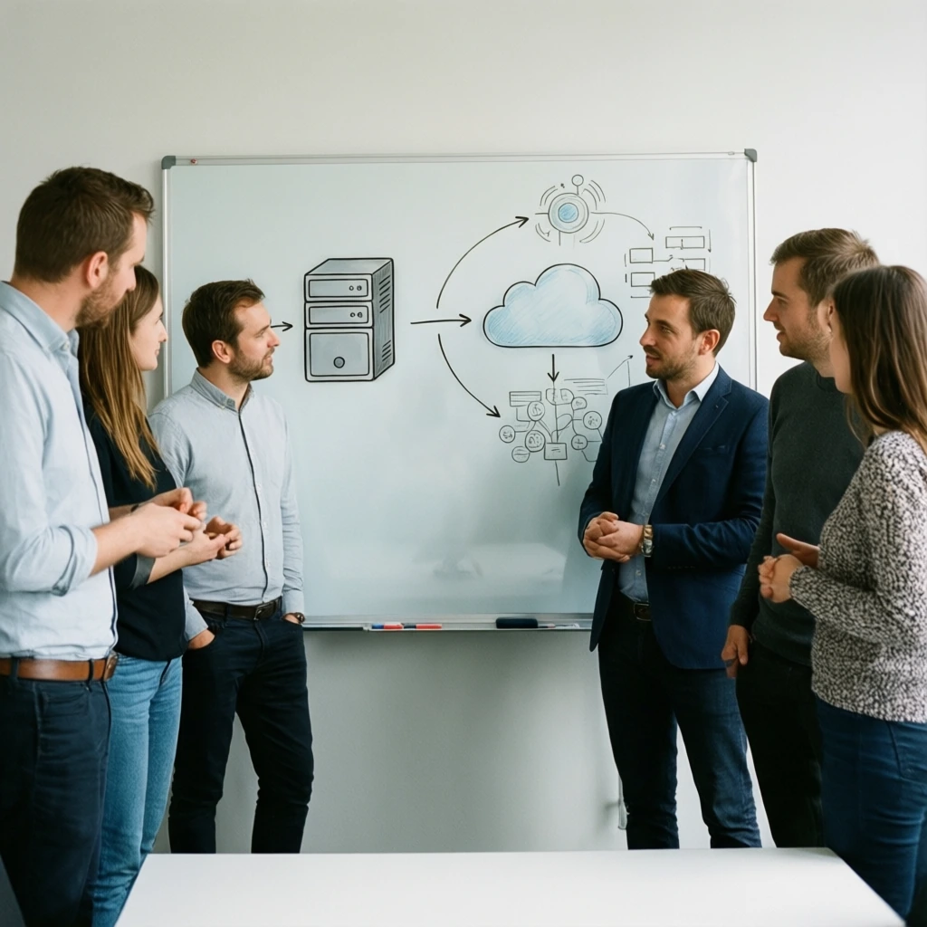 Grafische Gegenüberstellung von lokaler Server-Infrastruktur und Cloud-Symbolen, die die Entscheidung zwischen einer eigenen KI-Umgebung und Cloud-Lösungen versinnbildlichen