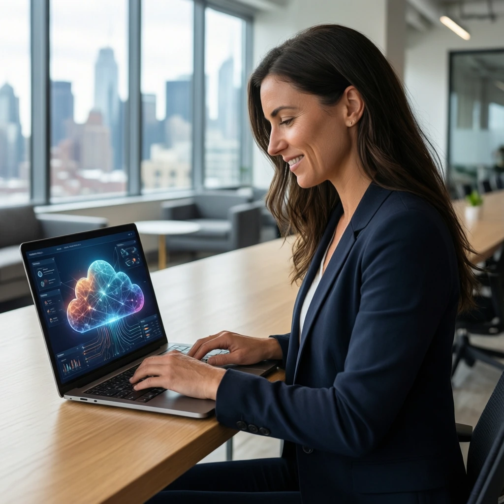 Eine Frau arbeitet konzentriert an ihrem Notebook in einem hellen, modernen Office und nutzt M365 Copilot, um ihre täglichen Workflows zu optimieren