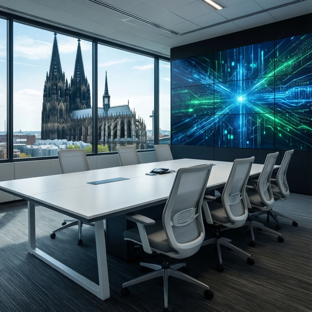 Konferenzraum mit Blick auf den Kölner Dom und großer Videowand mit KI-Visualisierung – Umgebung für KI-Schulungen und Workshops