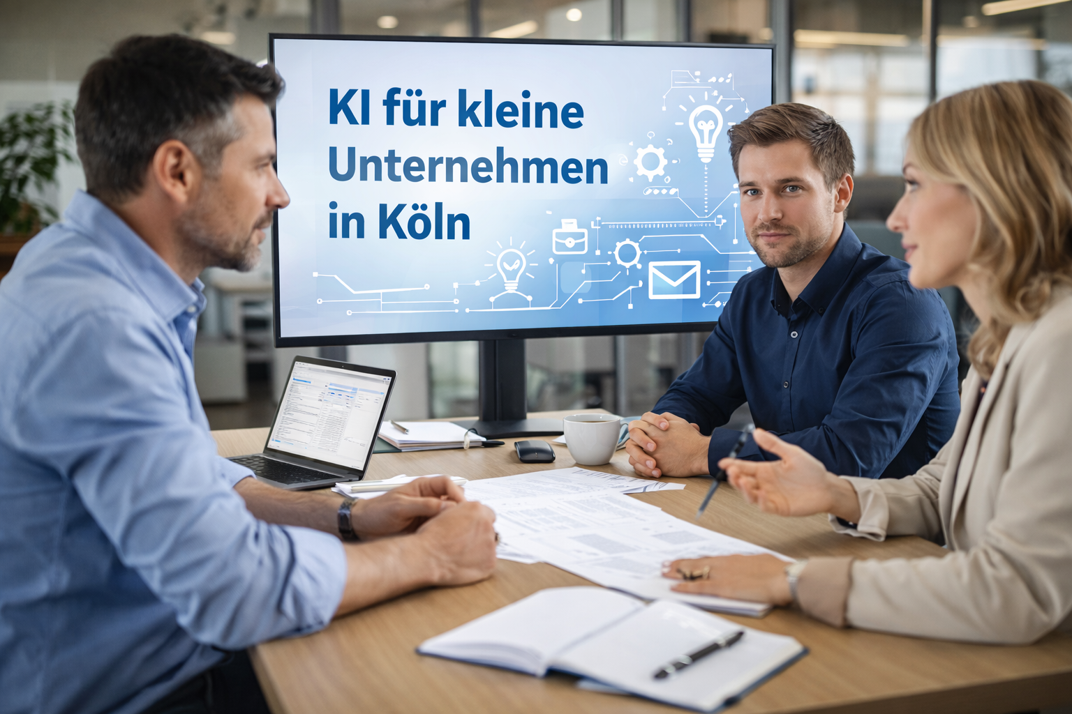Beratungsgespräch zu KI für kleine Unternehmen in Köln in modernem Büro