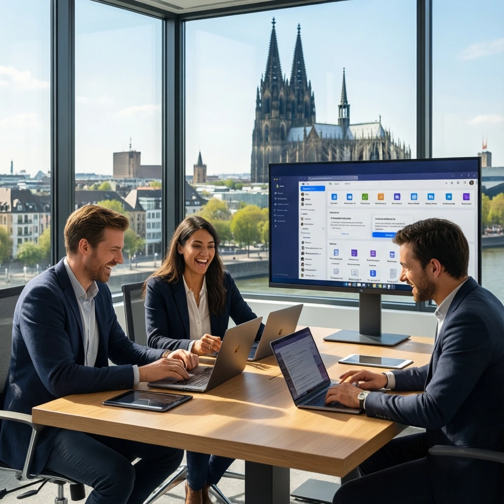 Ein kleines Team in einem modernen Kölner Büro nutzt Microsoft 365 für kleine Unternehmen zur Zusammenarbeit, mit Blick auf den Kölner Dom im Hintergrund.