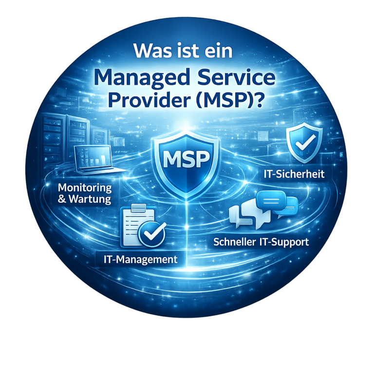 Was ist ein Managed Service Provider (MSP)? Rundes IT-Schaubild mit den Themen Monitoring, IT-Management, Sicherheit, Support und Wartung.
