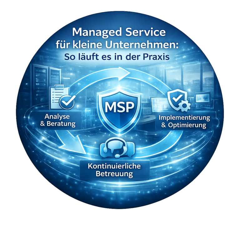 Managed Service für kleine Unternehmen: rundes IT-Schaubild mit Analyse, Beratung, Implementierung, Optimierung und kontinuierlicher Betreuung.