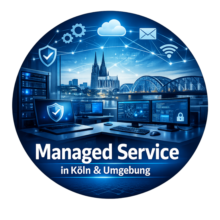 Managed Service in Köln und Umgebung: rundes IT-Bild mit Kölner Skyline, moderner Technik, Netzwerk- und Cloud-Symbolen.