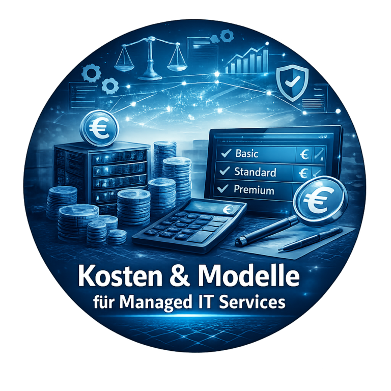 Kosten und Modelle für Managed IT Services: rundes IT-Bild mit Preisübersicht, Servern, Diagrammen und Symbolen für Kosten und Sicherheit.