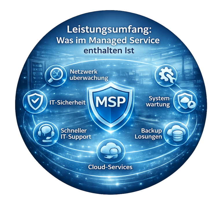 Leistungsumfang eines Managed Service: rundes IT-Schaubild mit Netzwerk-Infrastruktur, IT-Sicherheit, schneller Hilfe, Service, Backup und Cloud-Services.