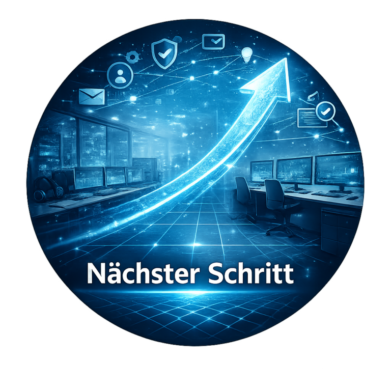 Nächster Schritt im Managed Service: rundes IT-Bild mit aufsteigender Linie, moderner Technik und Symbolen für Entwicklung, Sicherheit und Vernetzung.