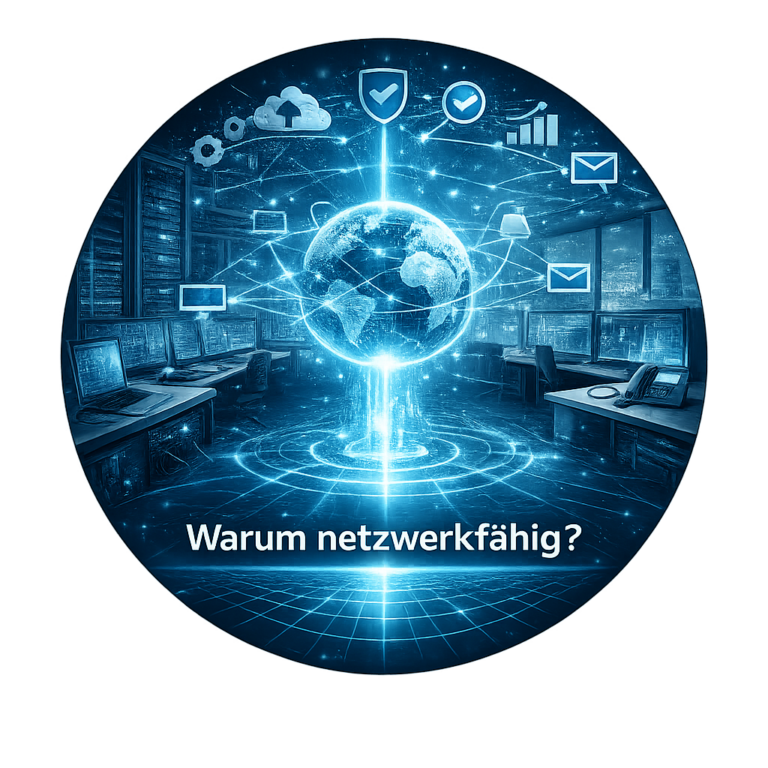 Warum netzwerkfähig? Rundes IT-Bild mit leuchtender digitaler Weltkugel, moderner Technik und Symbolen für Vernetzung, Sicherheit und Kommunikation.