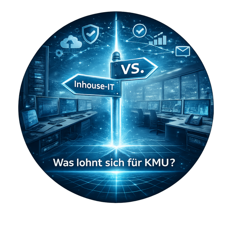 Vergleich zwischen Managed Service und Inhouse-IT: rundes IT-Bild mit Gegenüberstellung und der Frage, was sich für KMU lohnt.