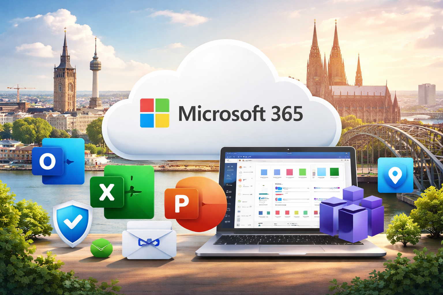 Microsoft 365 Illustration mit Kölner Skyline, Dom und Business-Apps für kleine Unternehmen