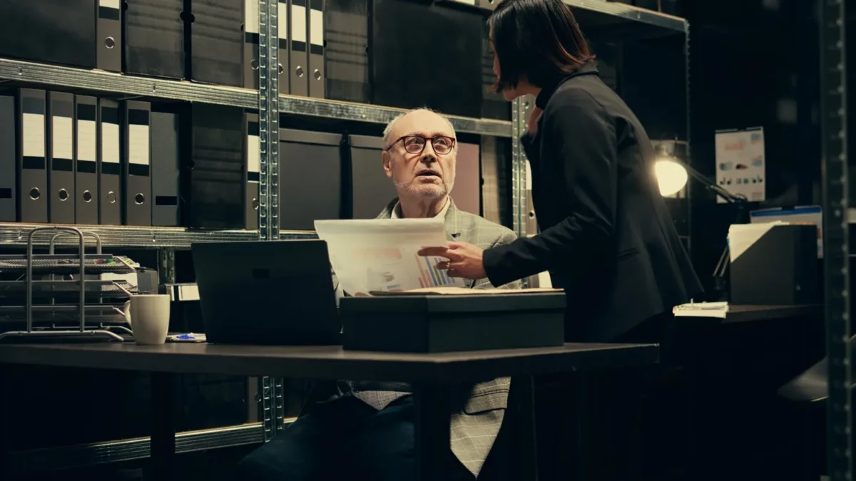 Mitarbeiterin bespricht digitale IT-Lösungen mit Kanzleipartner im Archivraum einer Kanzlei